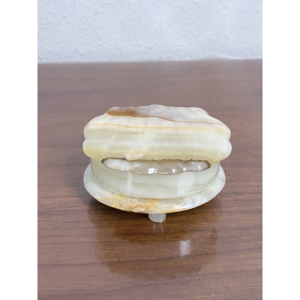 Vintage Hand-Carved Banded Onyx Stone Clamshell Trinket Box